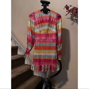 Rainbow Sequins Stripes Black Key-Hole Ruffle Dress